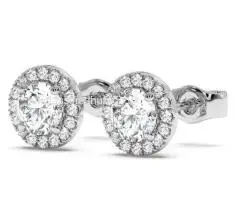 Round Cut Halo Diamond Stud Earrings in 18K White Gold
